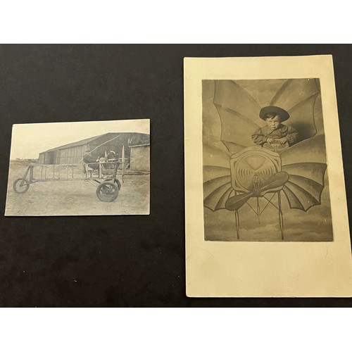 273 - Studio photo postcard of a young lad in a flying machine set, and an early plane under construction
... 