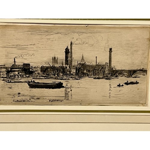 295 - Unframed British etching of a Riverside scene in London.

This lot is available for in-house shippin... 