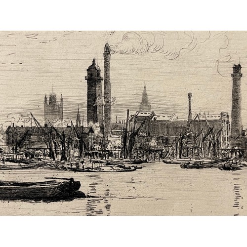 295 - Unframed British etching of a Riverside scene in London.

This lot is available for in-house shippin... 