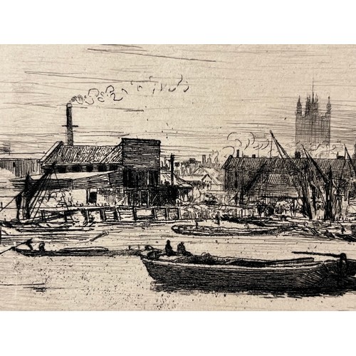 295 - Unframed British etching of a Riverside scene in London.

This lot is available for in-house shippin... 