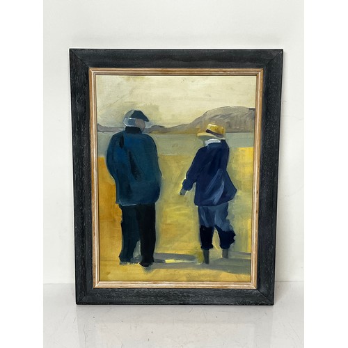 296 - Framed oil painting on canvas of a couple walking on a windswept beach. 

48 cm x 38 cm , unsigned

... 