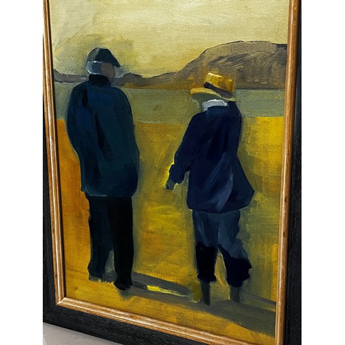 296 - Framed oil painting on canvas of a couple walking on a windswept beach. 

48 cm x 38 cm , unsigned

... 