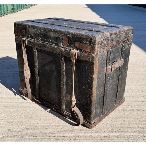 7 - Leather covered trunk with wood and metal bindings and inner tray, monogramed plaque to the top date... 