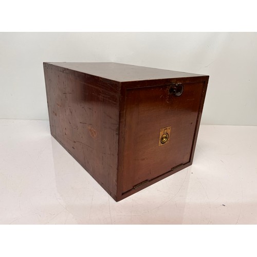 16 - Mahogany collectors cabinet with three metal drawers inside, fitted with campaign handles at each en... 