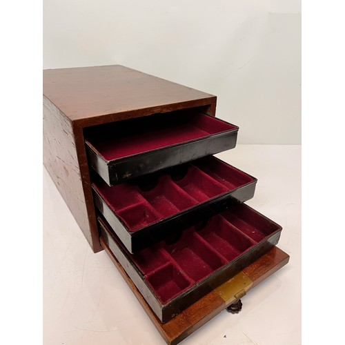 16 - Mahogany collectors cabinet with three metal drawers inside, fitted with campaign handles at each en... 