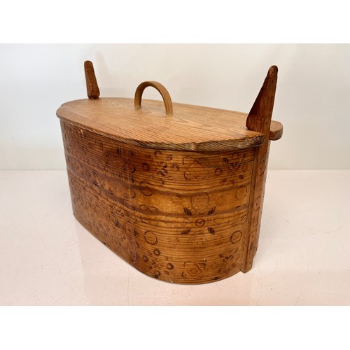 94 - Scandinavian wooden storage box with pokerwork decoration and clever lid mechanism that allows the c... 