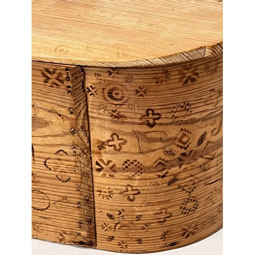 94 - Scandinavian wooden storage box with pokerwork decoration and clever lid mechanism that allows the c... 