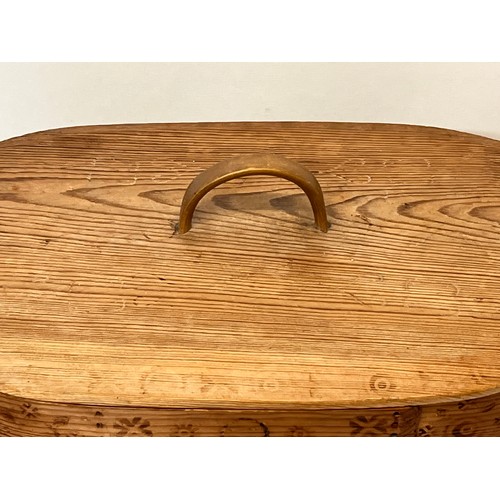 168 - Scandinavian wooden storage box with pokerwork decoration and clever lid mechanism that allows the c... 