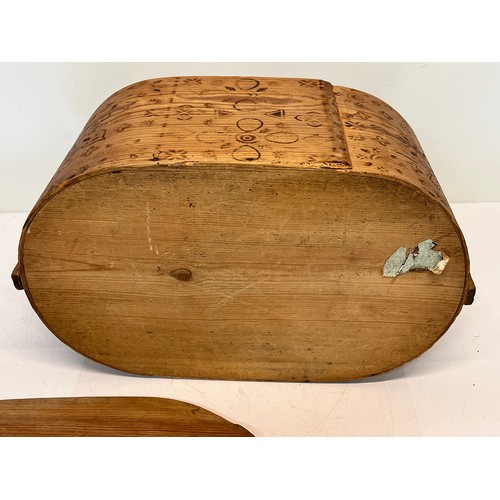 168 - Scandinavian wooden storage box with pokerwork decoration and clever lid mechanism that allows the c... 