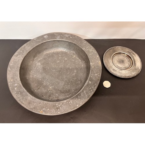 16 - Pewter table wares, two pewter platters.

This lot is available for in-house shipping