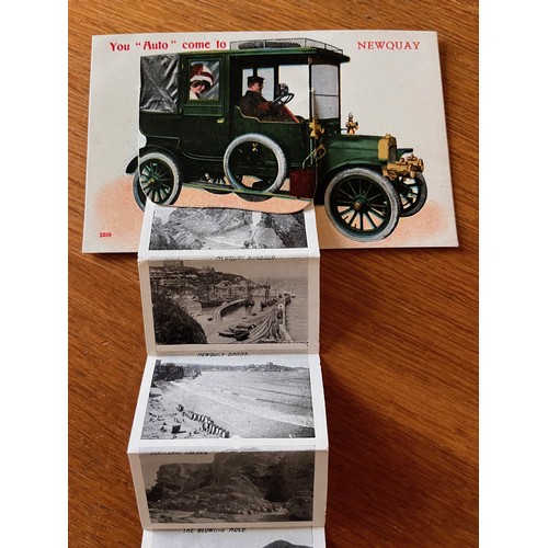 32 - Photograph postcard, motoring themed early C20th Newquay in Cornwall, fold out card by Valentines.

... 