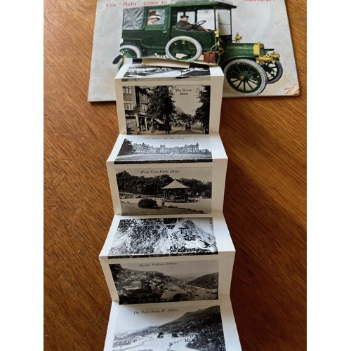 33 - Photograph postcard, motoring themed early C20th Ilkley West Yorkshire, fold out card by Valentines.... 