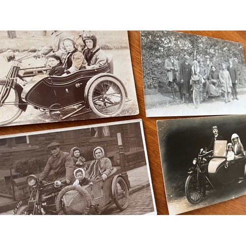 37 - Four Motoring themed real photographic postcards of families gathered with and into Motorcycle Sidec... 