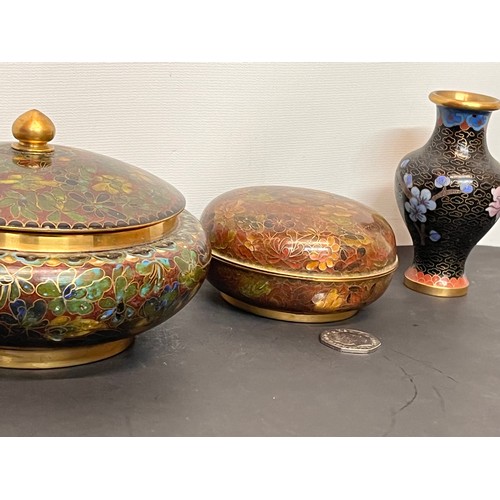 60 - Cloisonee vase and two Cloisonee lidded pots.

This lot is available for in-house shipping