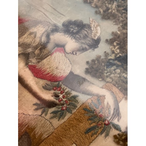 78 - Framed C19th stumpwork embroidery panel classical maiden laying a gift on a tomb, 48 cm x 38 cm.

Th... 