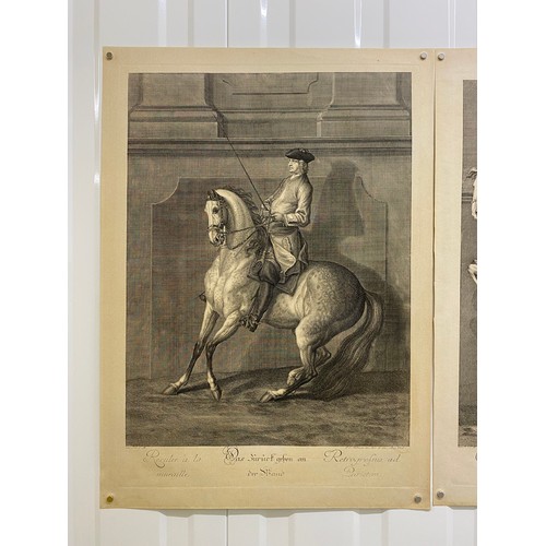 381 - German C17th equestrian themed Art, two Copperplate Engravings / Etchings.  Depicting Dressage Rider... 