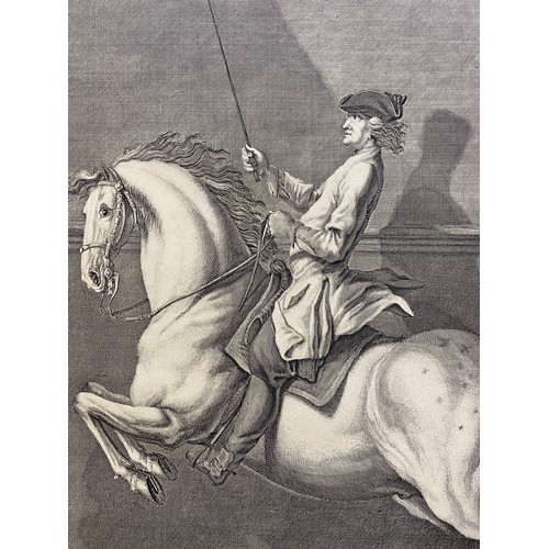 381 - German C17th equestrian themed Art, two Copperplate Engravings / Etchings.  Depicting Dressage Rider... 