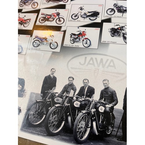 393 - Automobilia, Jawa motorcycles advertising poster showing models from 1929 -2001 62 cm x 45 cm

In ho... 