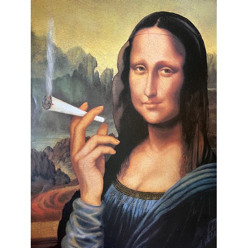 411 - Ephemera, student art poster with a retake on Leonards Mona Lisa, with a canabis twist, 91 cm z 61 c... 