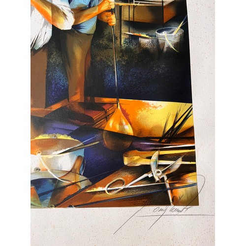 414 - C29th industrial art, signed print of  glass blowers at work in a factory or studio setting. 75cm x ... 