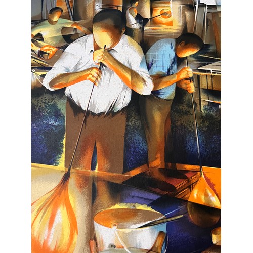 414 - C29th industrial art, signed print of  glass blowers at work in a factory or studio setting. 75cm x ... 