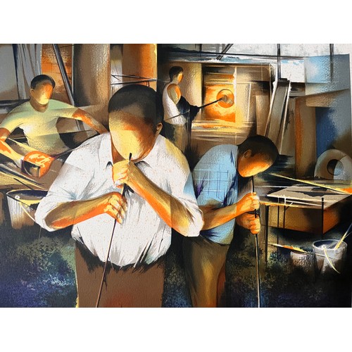 414 - C29th industrial art, signed print of  glass blowers at work in a factory or studio setting. 75cm x ... 