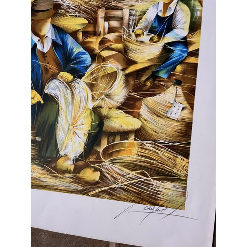 415 - Industrial art, signed print of weavers making covers for large wine storage bottles,  74.5 cm x 54 ... 