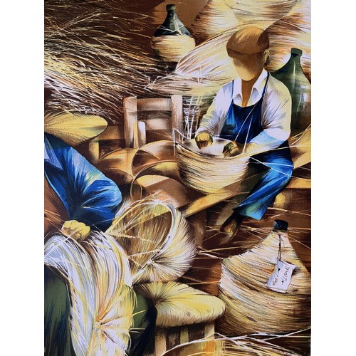 415 - Industrial art, signed print of weavers making covers for large wine storage bottles,  74.5 cm x 54 ... 