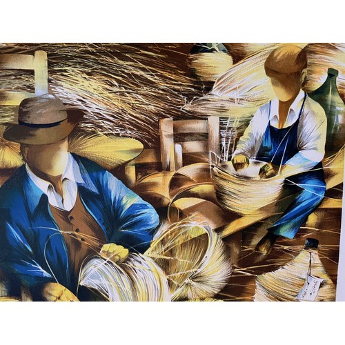 415 - Industrial art, signed print of weavers making covers for large wine storage bottles,  74.5 cm x 54 ... 