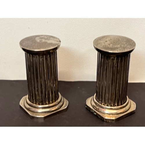 424 - Plated mid century table wares a pair of classical architectural column form salt and pepper shakers... 