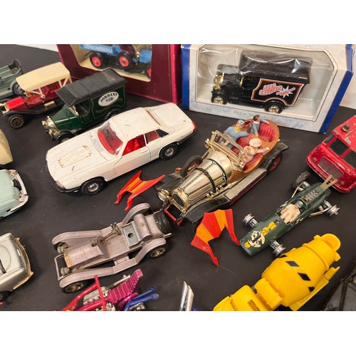 428 - Die cast model cars and motorcycles, 007 Aston, Chitty, Chitty, Bang, Bang, etc, Matchbox Dinky Corg... 