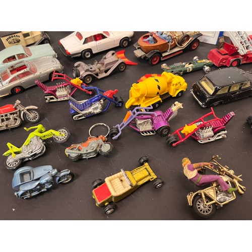 428 - Die cast model cars and motorcycles, 007 Aston, Chitty, Chitty, Bang, Bang, etc, Matchbox Dinky Corg... 