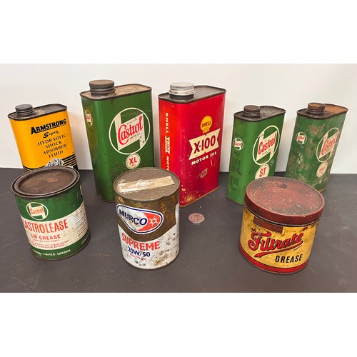 445 - Automobilia, collection of oil cans, a grease tins from an old garage all with product inside.

Coll... 