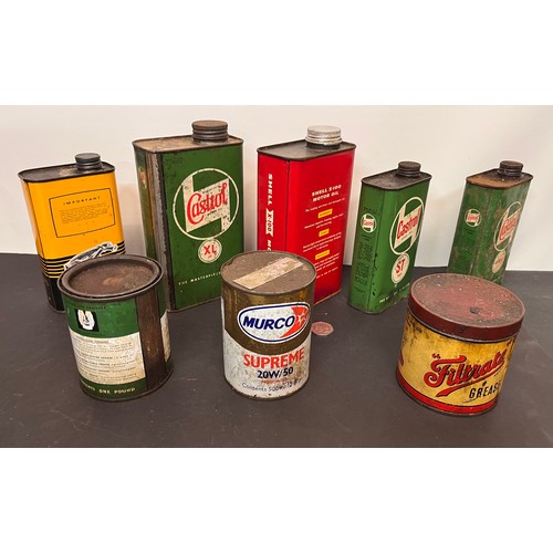 445 - Automobilia, collection of oil cans, a grease tins from an old garage all with product inside.

Coll... 