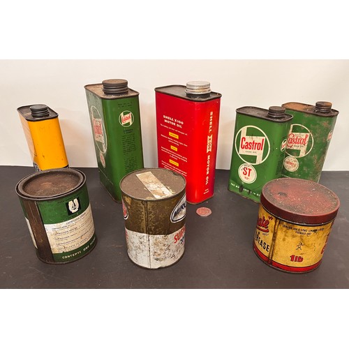 445 - Automobilia, collection of oil cans, a grease tins from an old garage all with product inside.

Coll... 