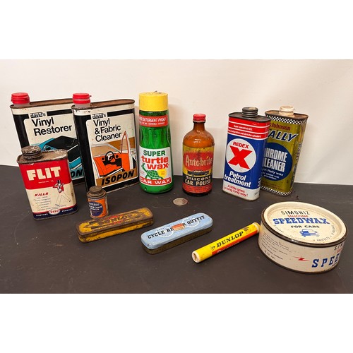 446 - Automobilia, collection of oil cans and car cleaning products from an old garage all with product in... 