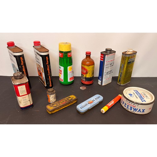 446 - Automobilia, collection of oil cans and car cleaning products from an old garage all with product in... 