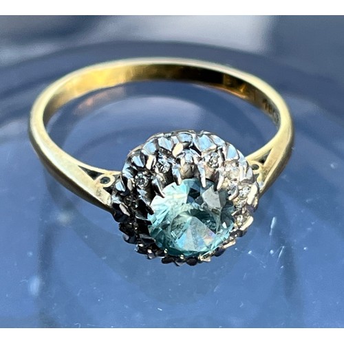 147 - Art Deco ring, a platinum mounted 5.5 mm blue faceted stone surrounded by Diamonds on an 18ct gold r... 