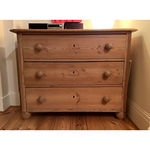 202 - Classic French stripped pine country furniture, three drawer storage chest, 105 cm x 53 cm x 79 cm h... 