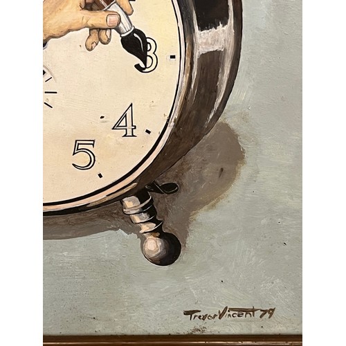 219 - Framed Surrealist painting of the hands on an alarm clock drawing and painting the numerals on its f... 