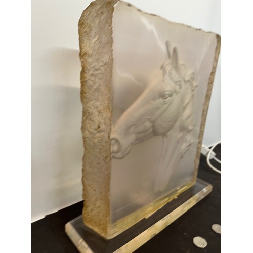 221 - Large sculptural table lamp with a horses head in relief. 38 cm wide x 41 cm high.

This lot is avai... 