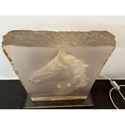 221 - Large sculptural table lamp with a horses head in relief. 38 cm wide x 41 cm high.

This lot is avai... 