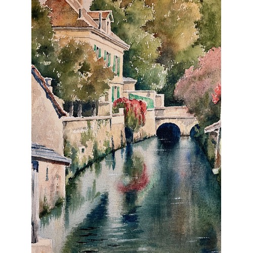 229 - Unframed watercolour painting of a rural river scene, signed M Sizaire 1963. 54 cm x 38 cm.

This lo... 