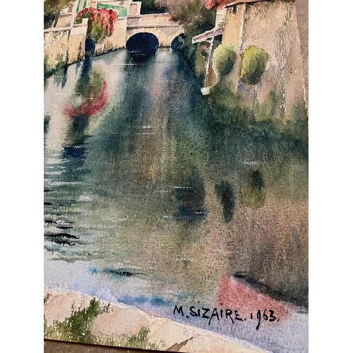 229 - Unframed watercolour painting of a rural river scene, signed M Sizaire 1963. 54 cm x 38 cm.

This lo... 