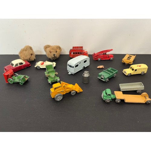 40 - Die cast toys and teddy bears, a collection of diecast cars and trucks etc and two small teddy bear ... 