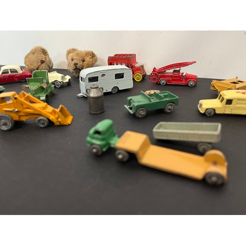 40 - Die cast toys and teddy bears, a collection of diecast cars and trucks etc and two small teddy bear ... 