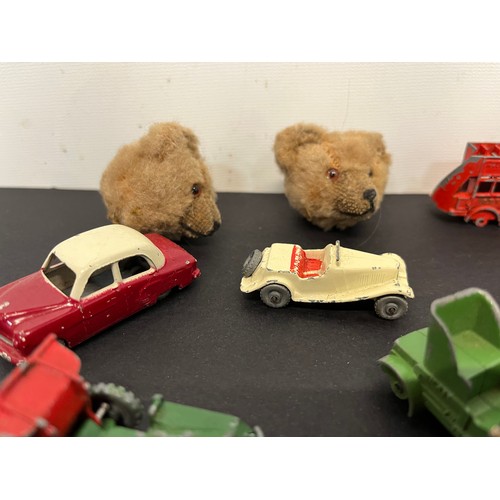 40 - Die cast toys and teddy bears, a collection of diecast cars and trucks etc and two small teddy bear ... 