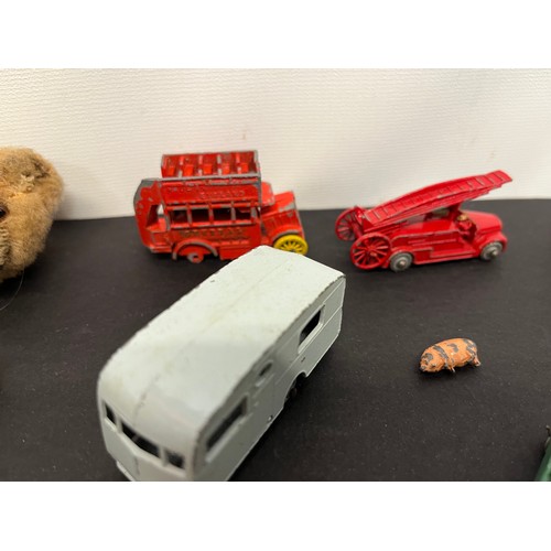 40 - Die cast toys and teddy bears, a collection of diecast cars and trucks etc and two small teddy bear ... 