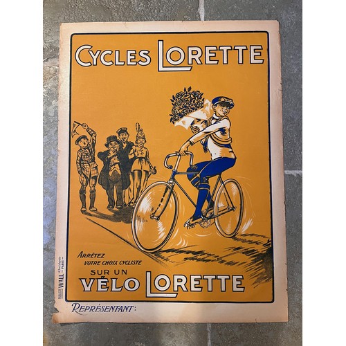 83 - Ephemera, Early C20th cycling an advertising poster for Cycles Lorette, tour de france, bicycle raci... 