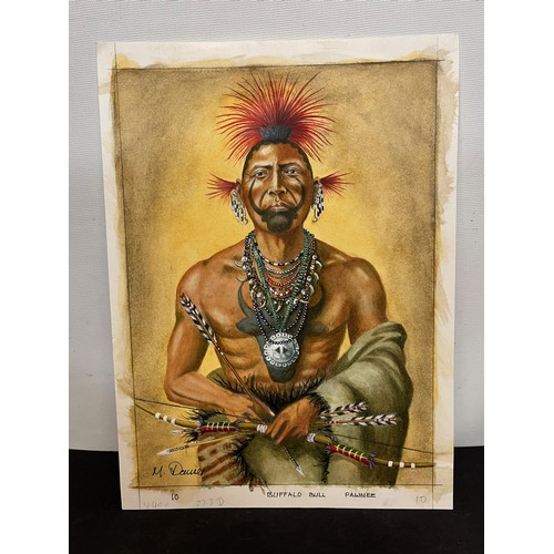 3 - Water colour and gouache painting of North American Indian Buffalo Bill Pawnee. The original artwork... 